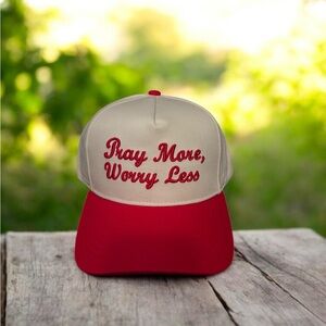 Pray More Worry Less Red & Cream Trucker Hat with Inspirational Quote
